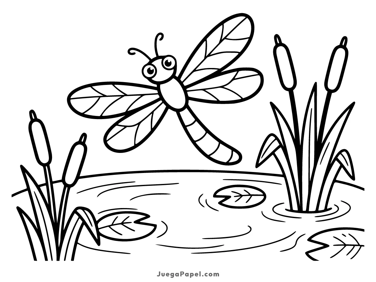 Dibujo para colorear e imprimir de Simpática Libélula Volando sobre el Estanques