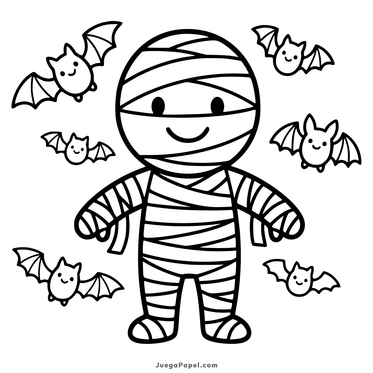 Dibujo para colorear e imprimir de Simpática Momia con Murciélagos para Colorear