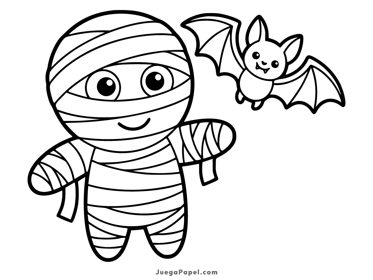 Dibujo para colorear e imprimir de Simpática Momia y Murciélago de Halloween para Colorear