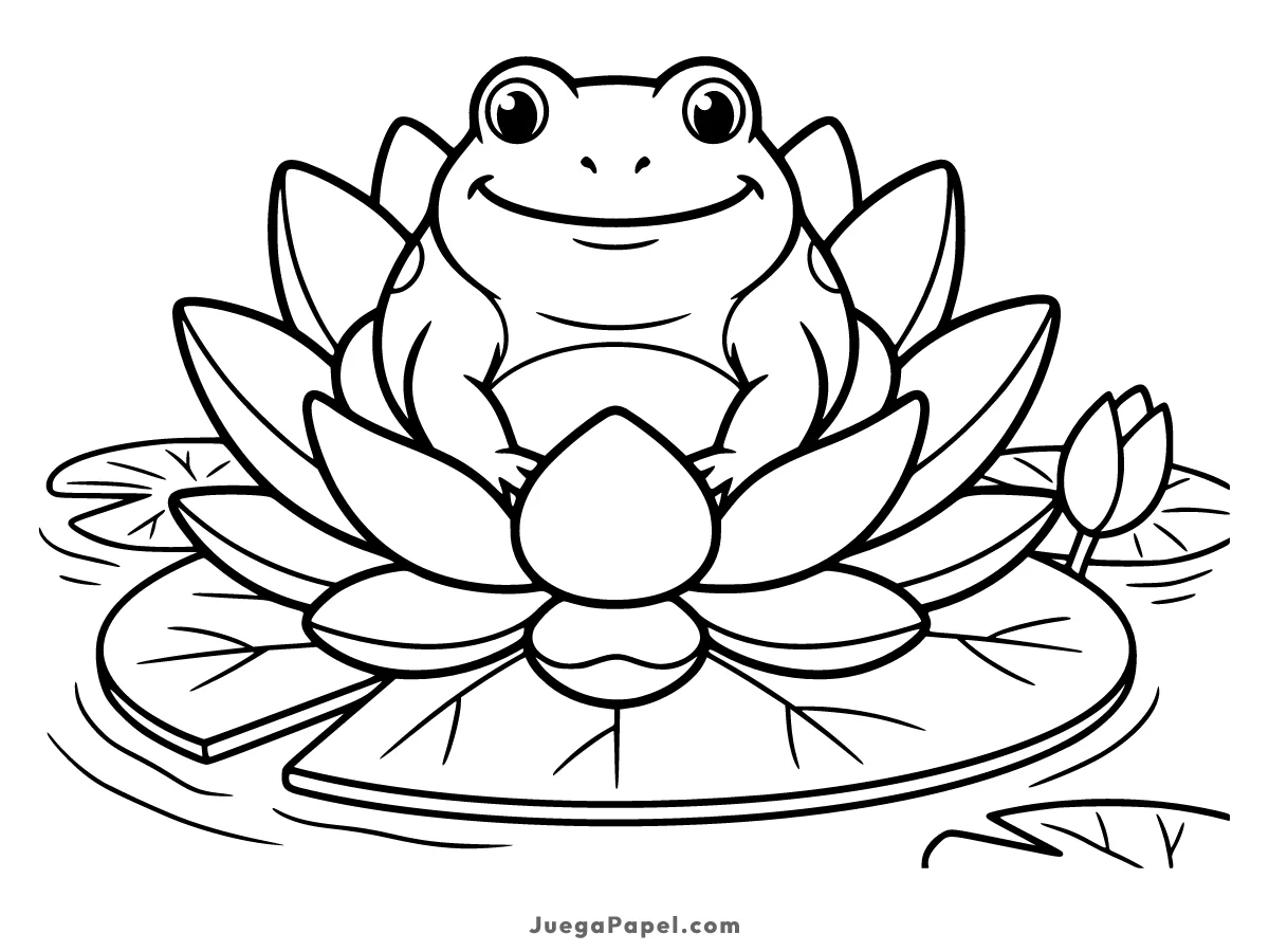 Dibujo para colorear e imprimir de Simpática Rana en una Flor de Loto