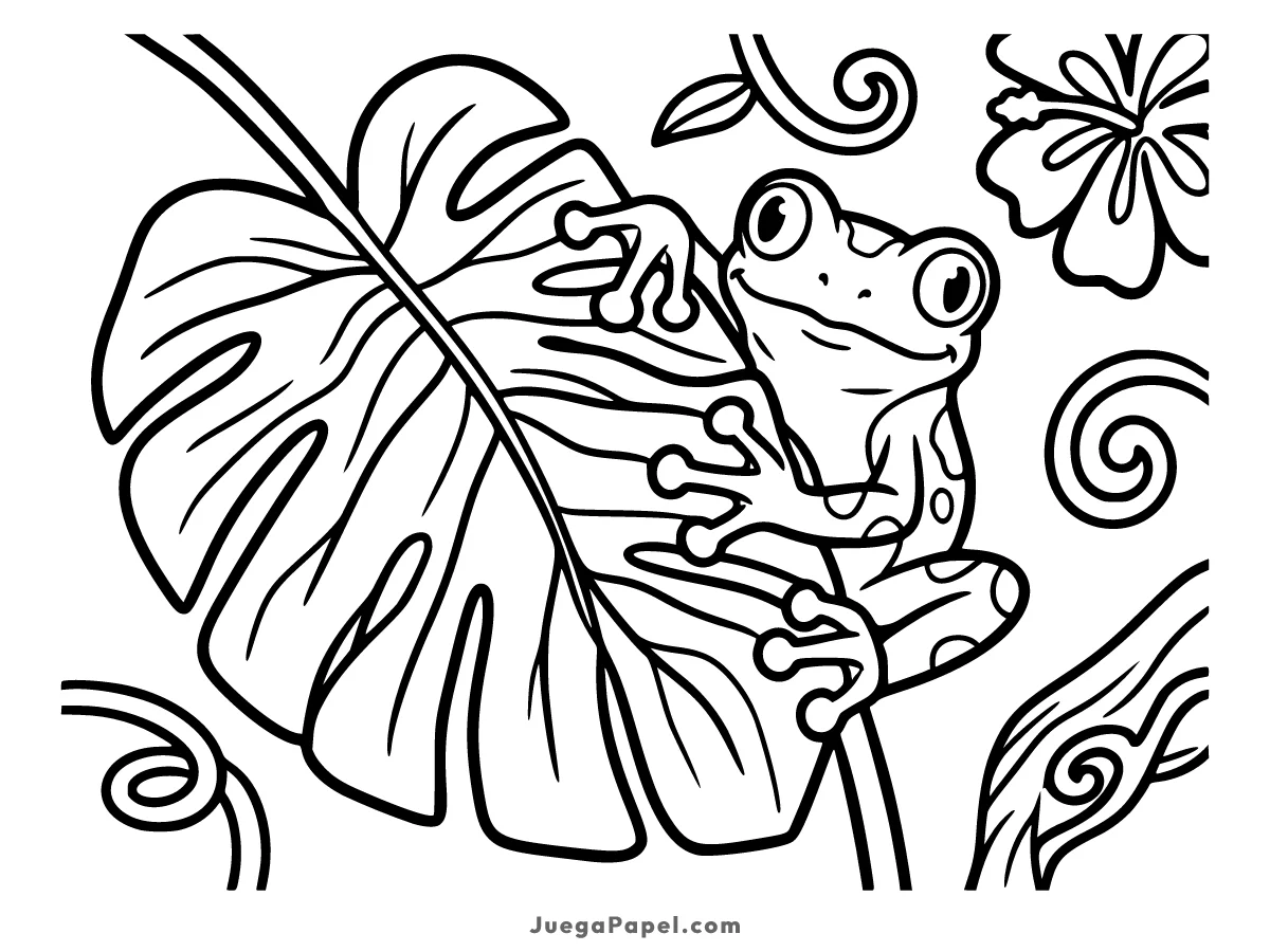 Dibujo para colorear e imprimir de Simpática Rana en una Gran Hoja Tropical