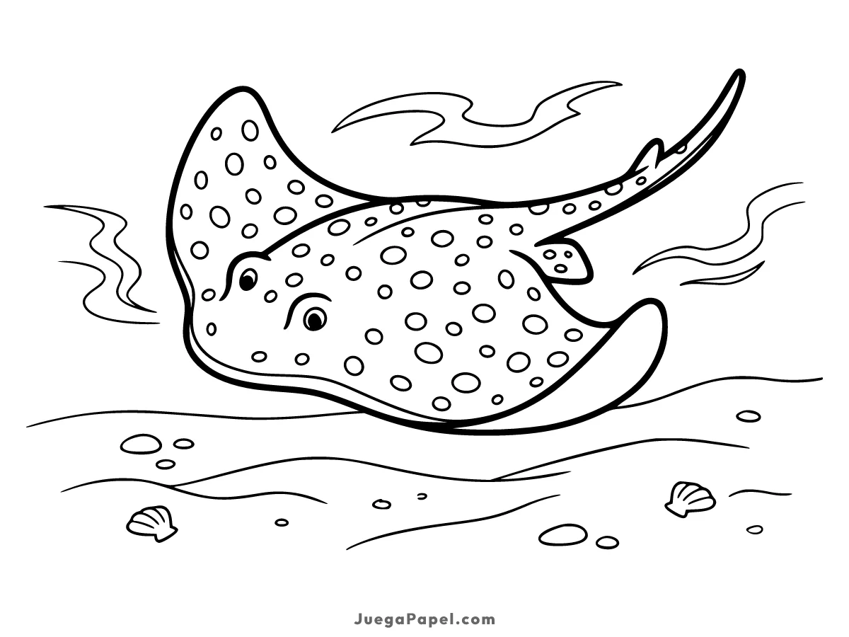 Dibujo para colorear e imprimir de Simpática Raya Manchada Nadando en el Fondo Marino