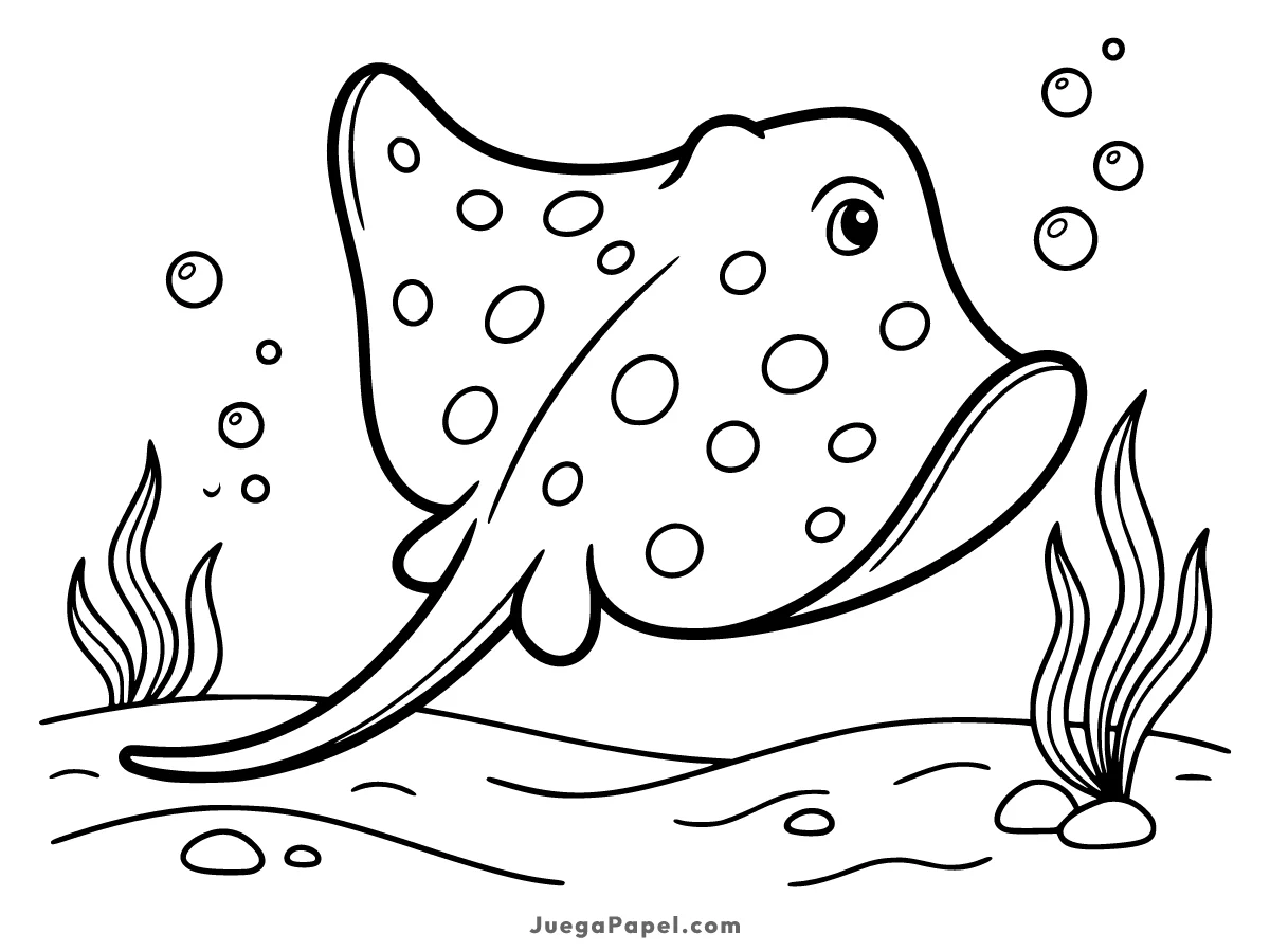 Dibujo para colorear e imprimir de Simpática Raya Nadando en el Fondo del Mar