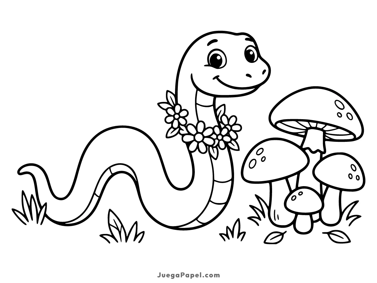 Dibujo para colorear e imprimir de Simpática Serpiente con Flores y Setas
