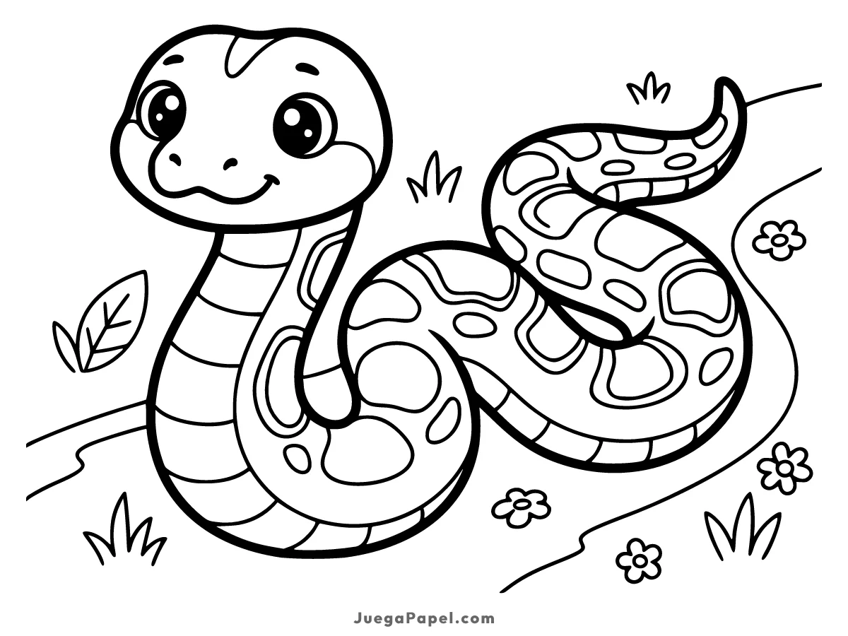 Dibujo para colorear e imprimir de Simpática Serpiente Sonriente en el Jardín
