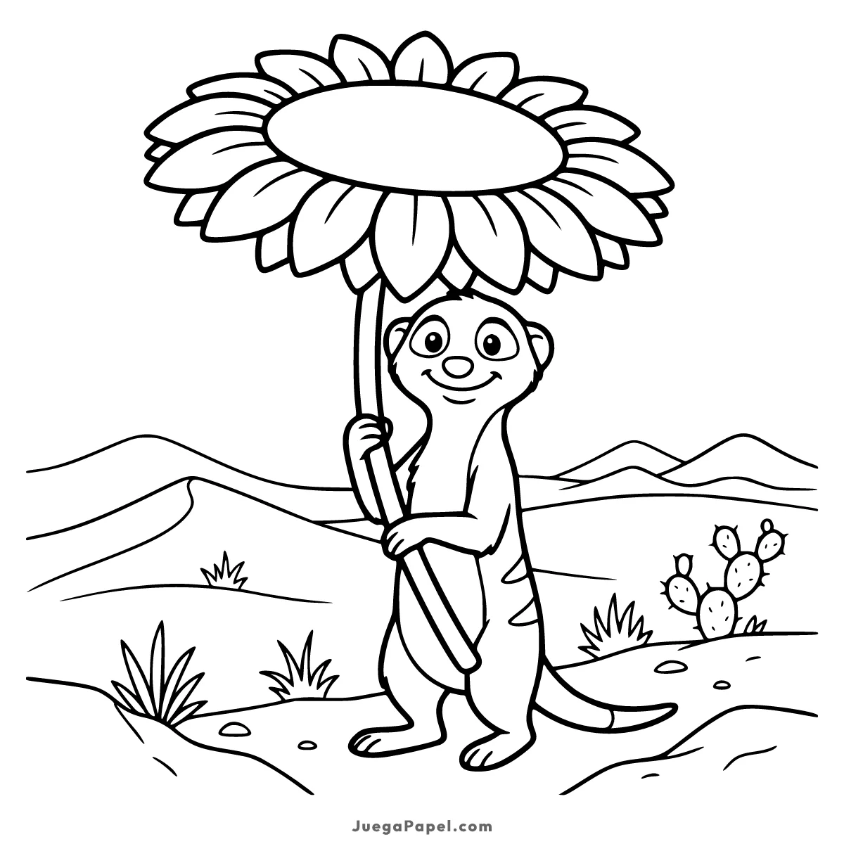 Dibujo para colorear e imprimir de Simpática Suricata con una Gran Flor en el Desierto
