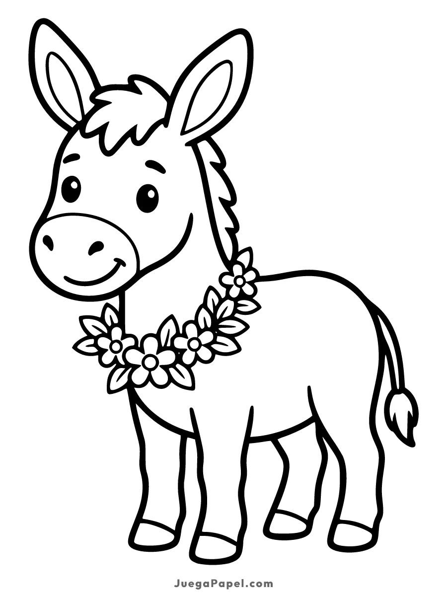 Dibujo para colorear e imprimir de Simpático Burrito con Collar de Flores