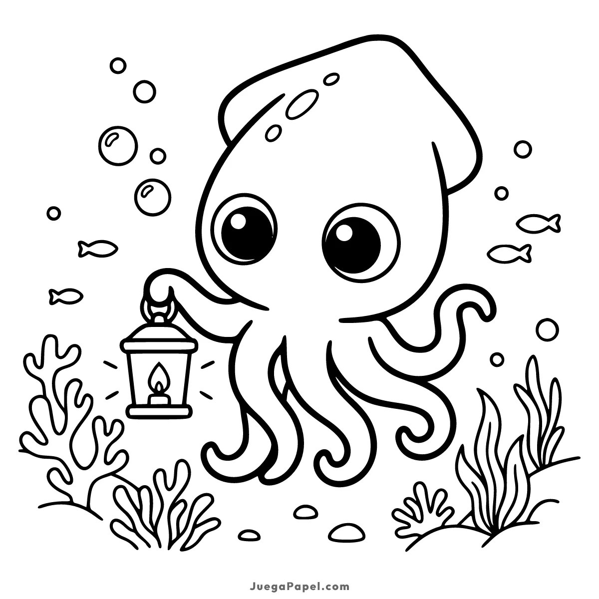 Dibujo para colorear e imprimir de Simpático Calamar con Linterna Bajo el Mar