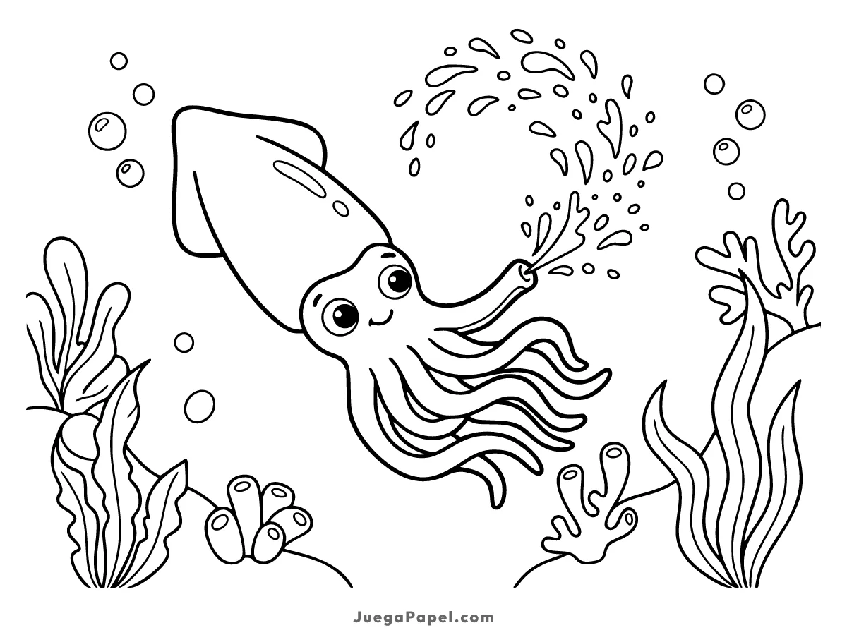 Dibujo para colorear e imprimir de Simpático Calamar Echando Tinta