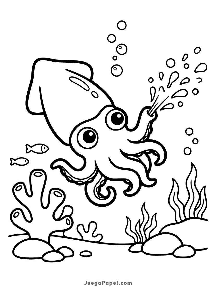 Dibujo para colorear e imprimir de Simpático Calamar en el Fondo del Mar