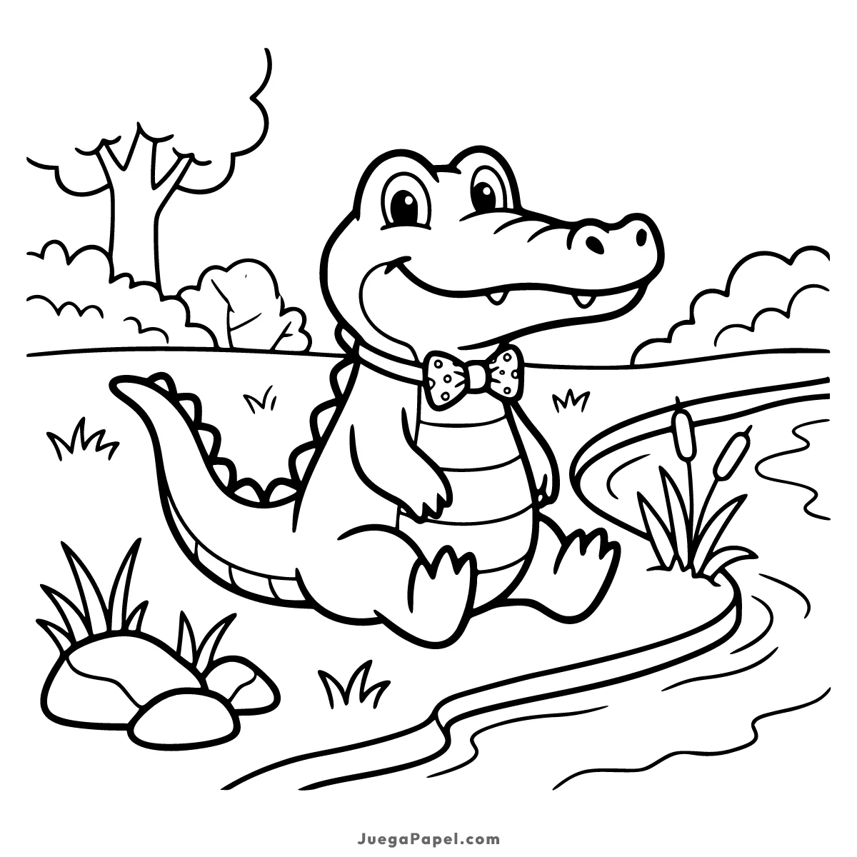 Dibujo para colorear e imprimir de Simpático Cocodrilo con Pajarita junto al Río