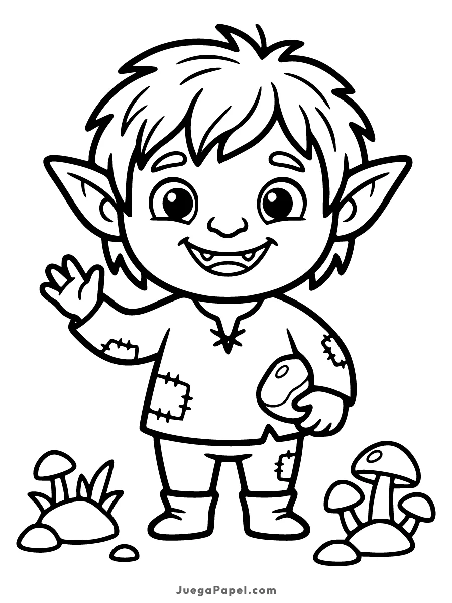 Dibujo para colorear e imprimir de Simpático Duende del Bosque Saludando