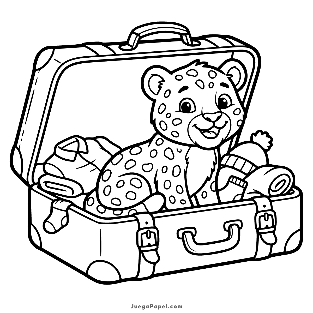 Dibujo para colorear e imprimir de Simpático Leopardo Viajero dentro de una Maleta