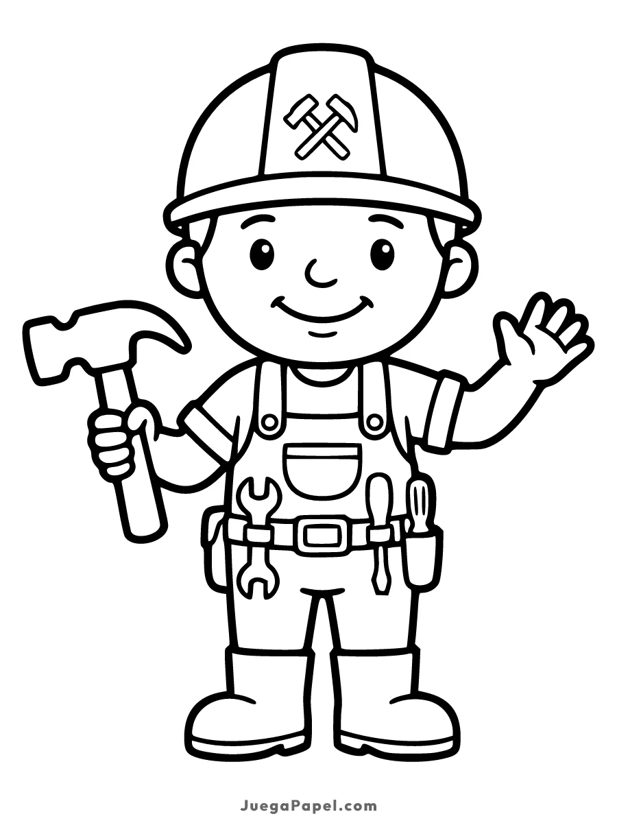 Dibujo para colorear e imprimir de Simpático Obrero con Martillo y Herramientas