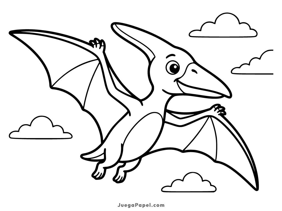 Dibujo para colorear e imprimir de Simpático Pterodáctilo Volando entre Nubes