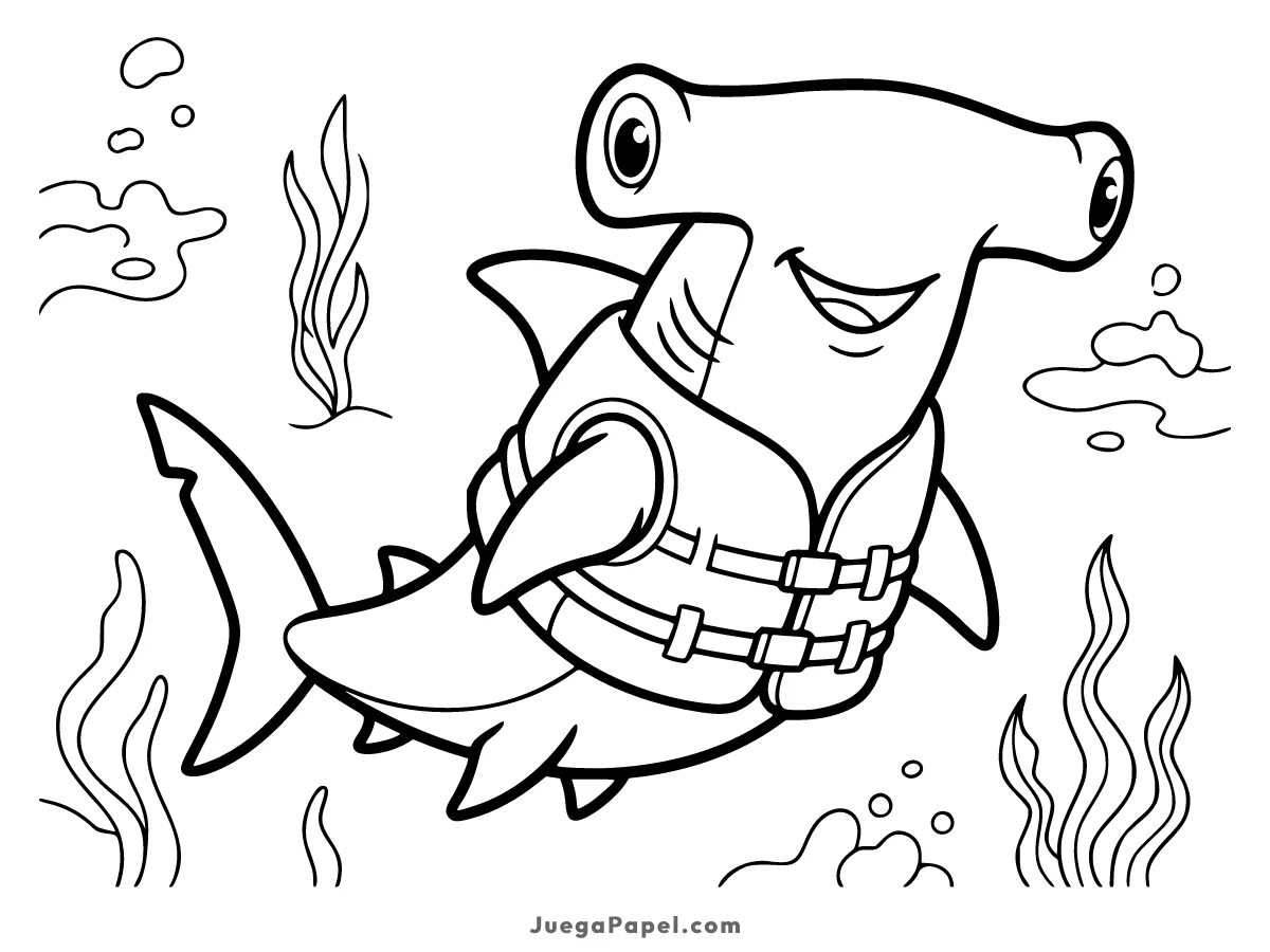 Dibujo para colorear e imprimir de Simpático Tiburón Martillo con Chaleco Salvavidas