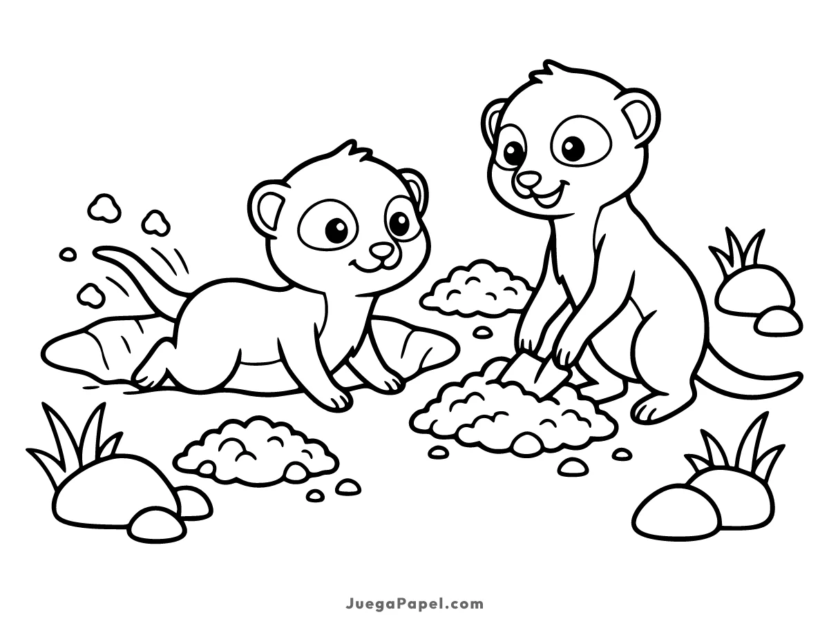 Dibujo para colorear e imprimir de Simpáticos Suricatos Cavando y Jugando