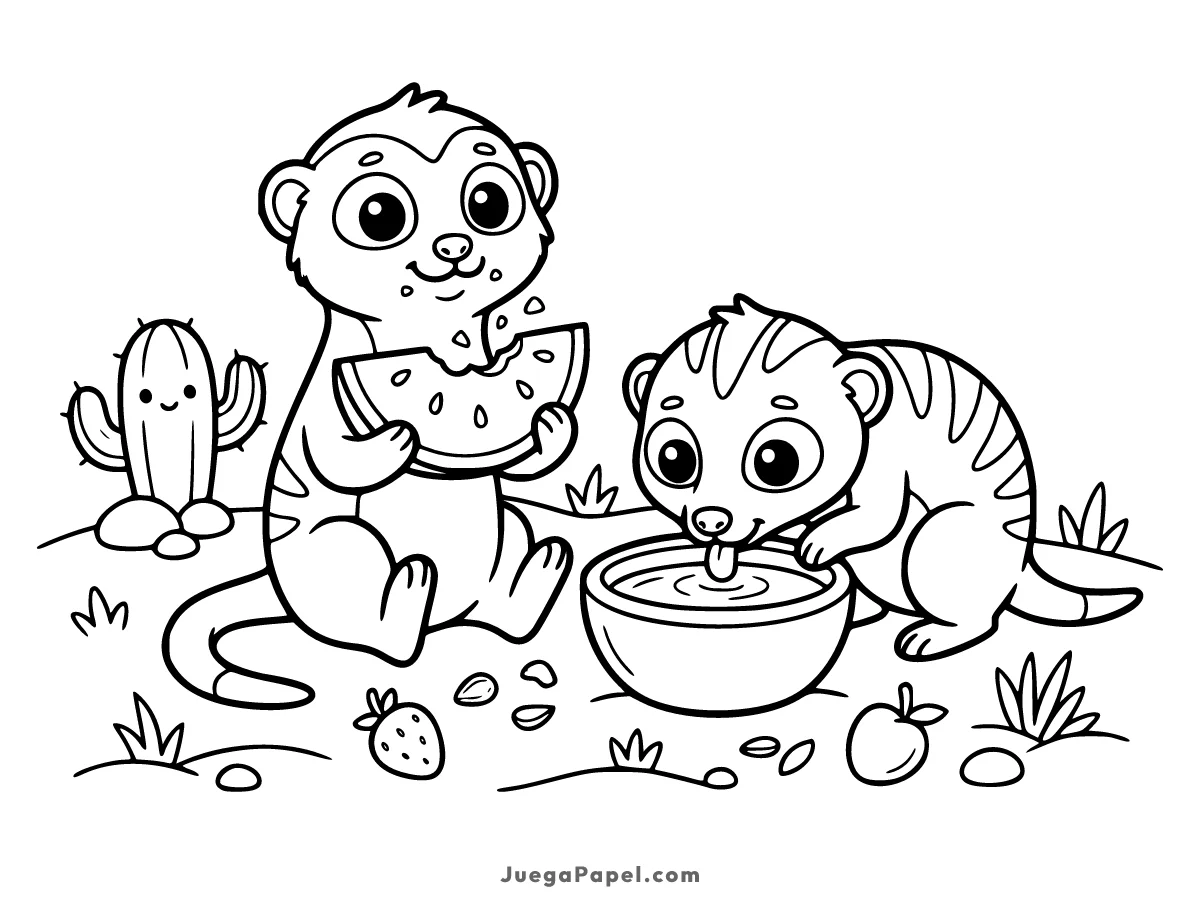 Dibujo para colorear e imprimir de Simpáticos Suricatos Comiendo Fruta