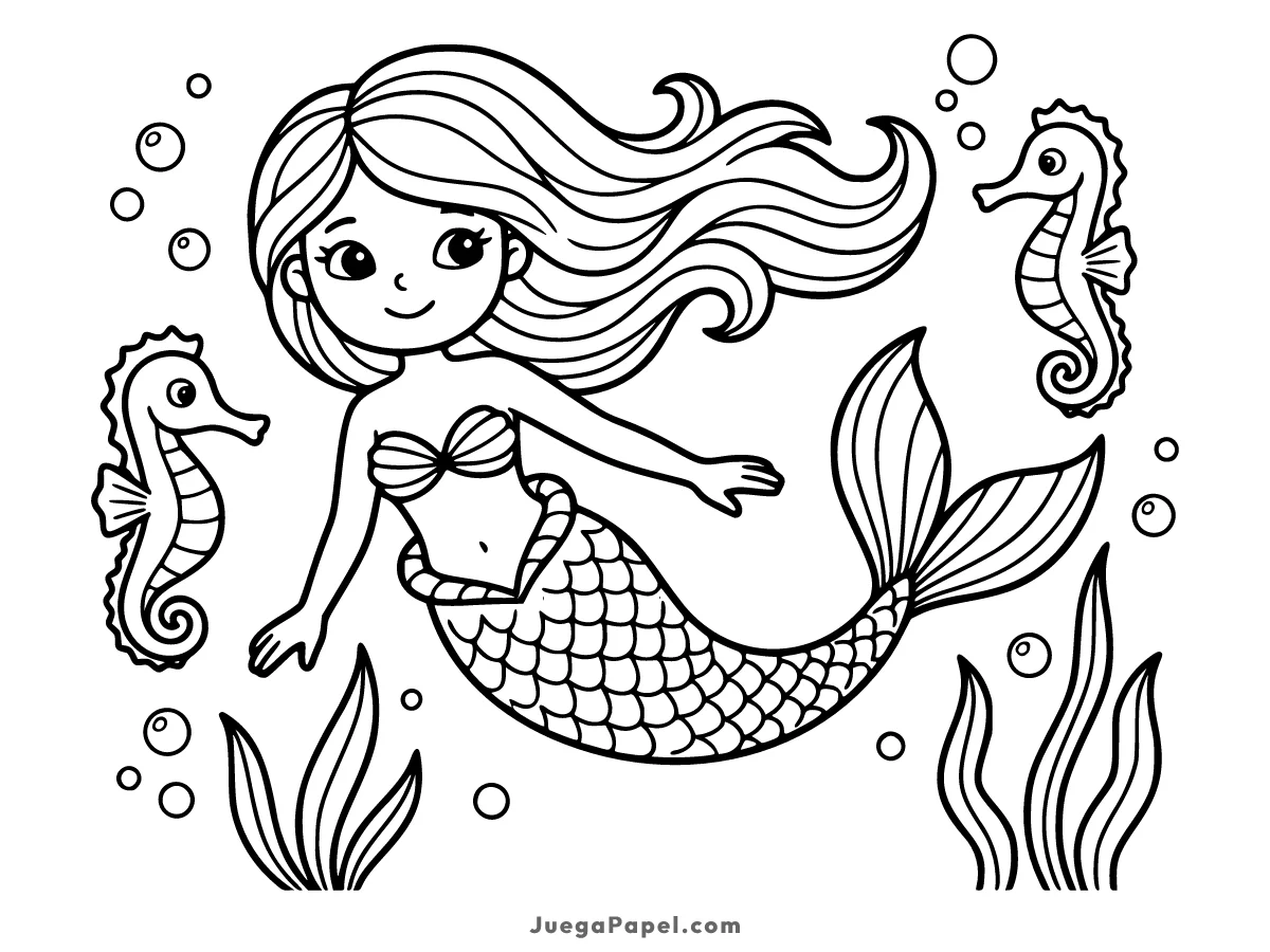 Dibujo para colorear e imprimir de Sirena con Caballitos de Mar