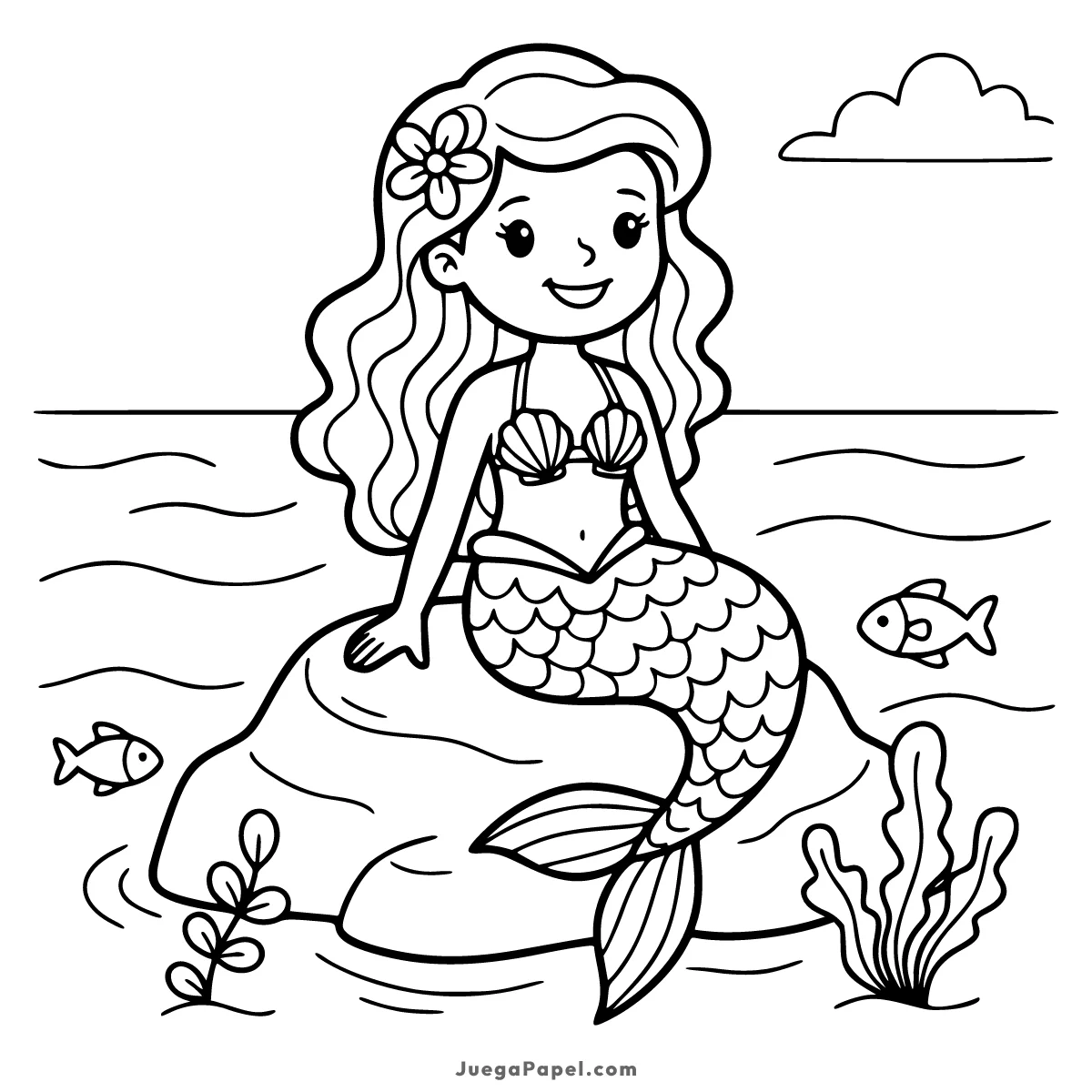 Dibujo para colorear e imprimir de Sirena en una Roca del Mar