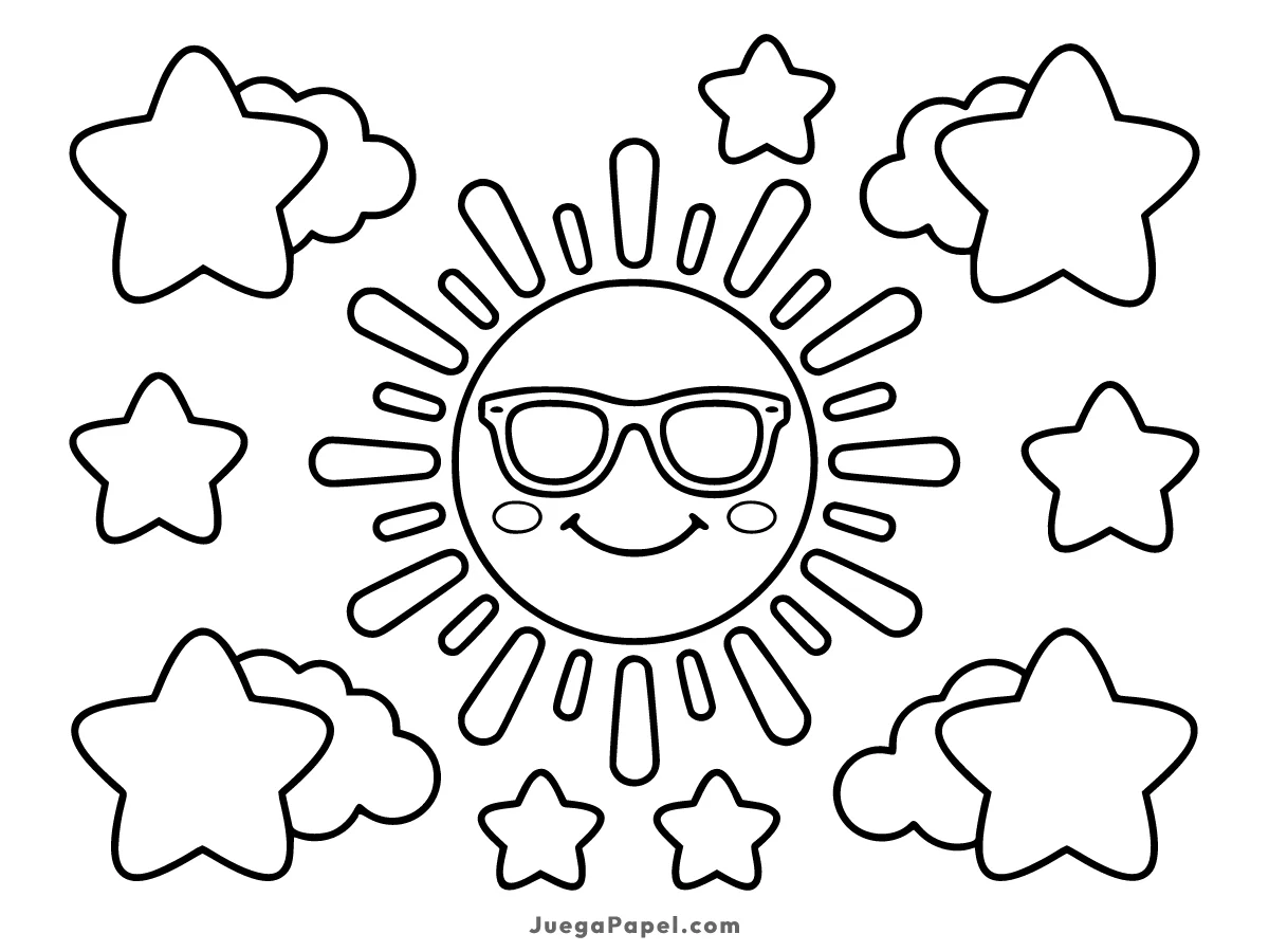 Dibujo para colorear e imprimir de Sol con gafas junto a estrellas