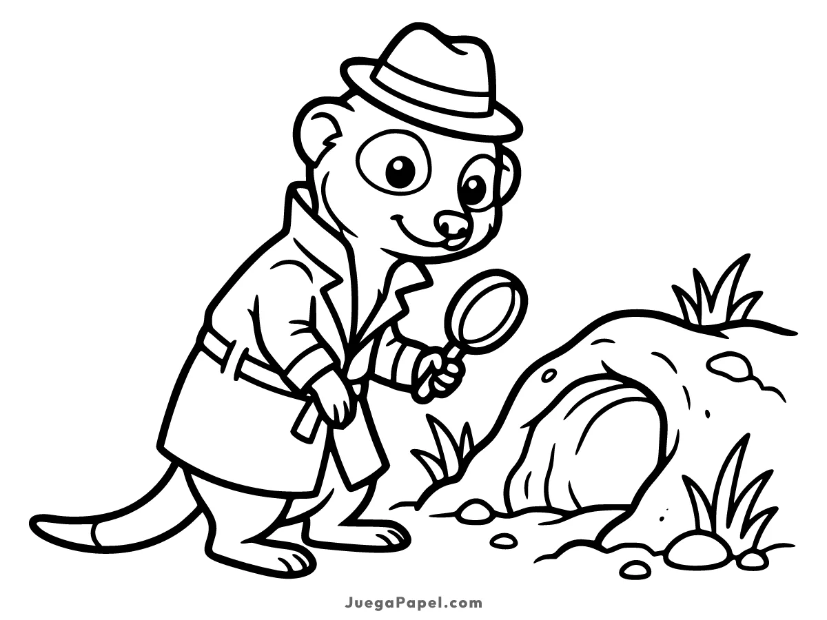Dibujo para colorear e imprimir de Suricata Detective con Lupa Investigando