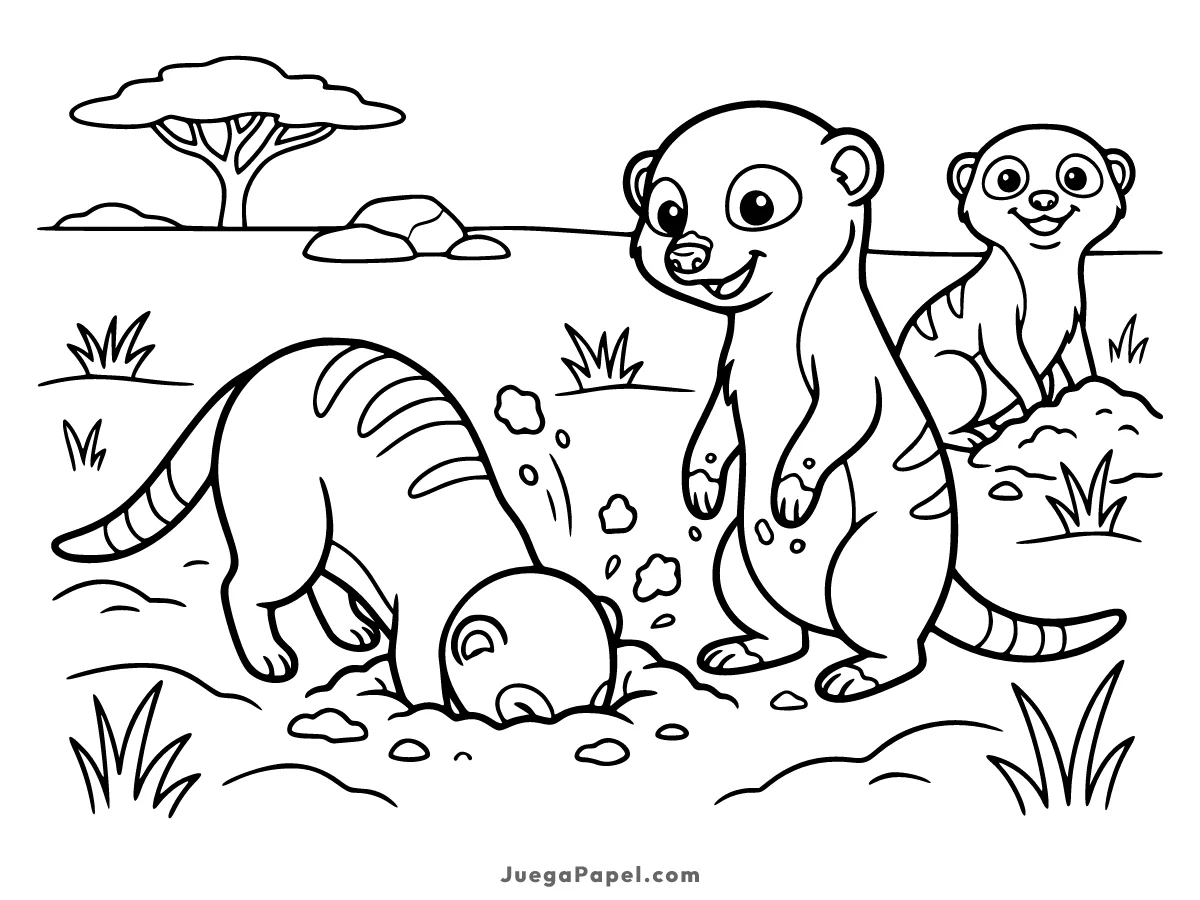 Dibujo para colorear e imprimir de Suricatas en la Sabana Africana