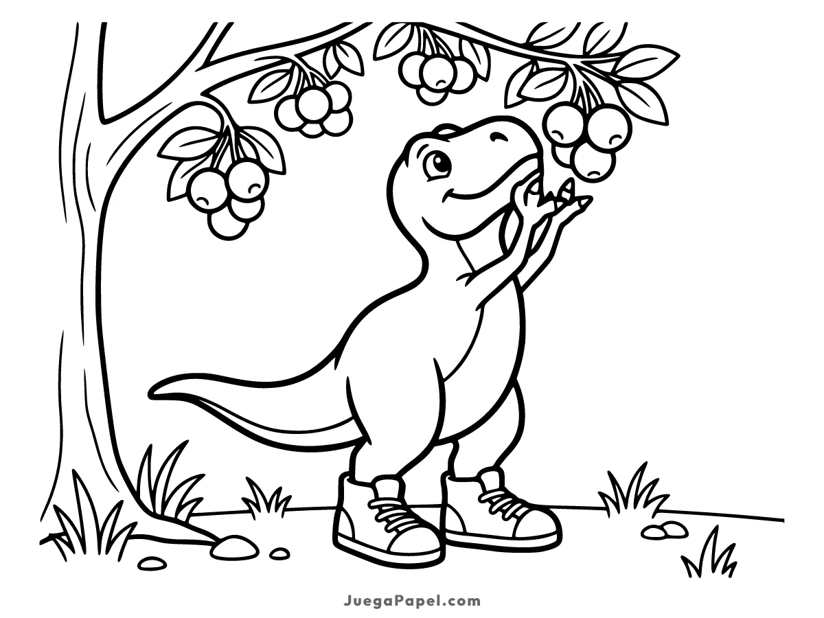 Dibujo para colorear e imprimir de T-Rex Amigable Comiendo Frutas del Árbol