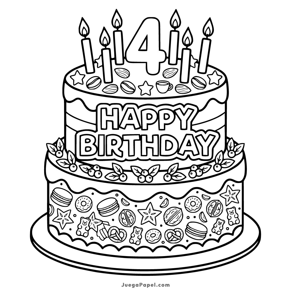 Dibujo para colorear e imprimir de Tarta de Cumpleaños con el número 4