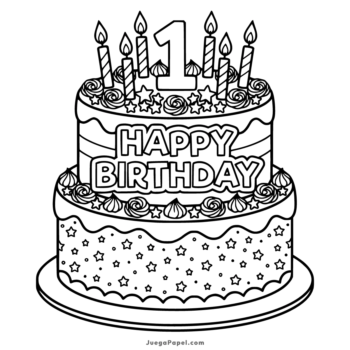 Dibujo para colorear e imprimir de Tarta de Cumpleaños para el Primer Año