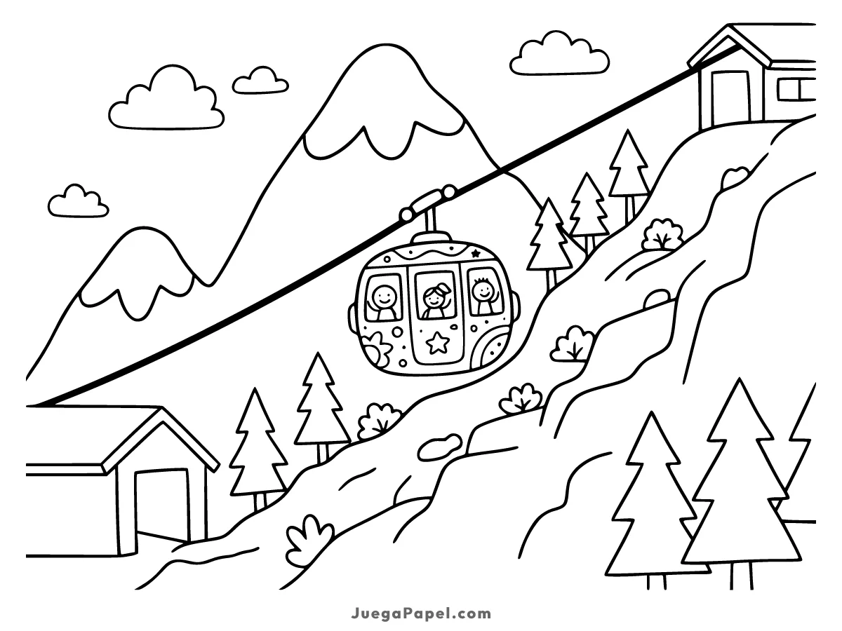 Dibujo para colorear e imprimir de Teleférico en la Montaña con Niños