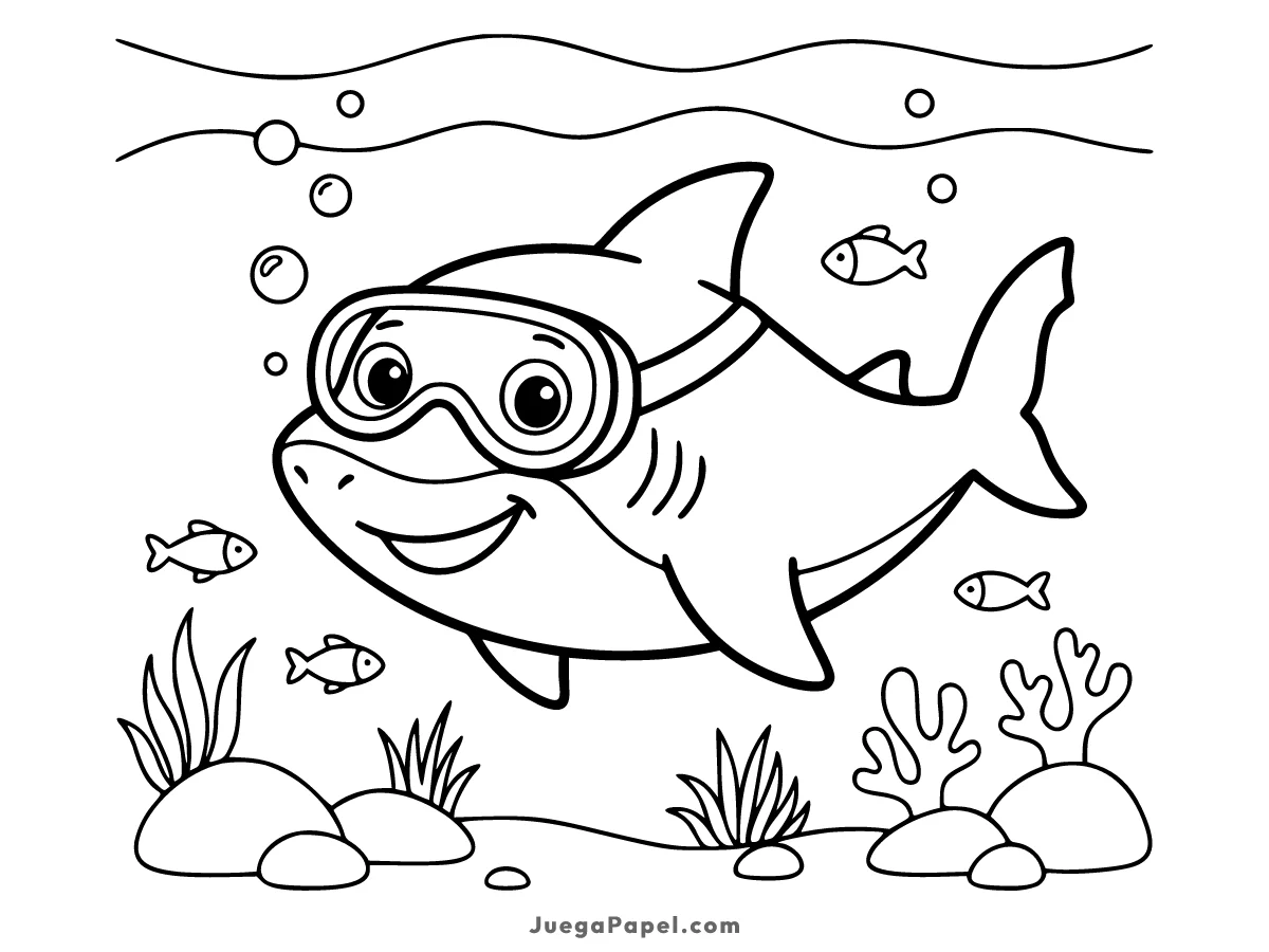 Dibujo para colorear e imprimir de Tiburón Amigable con Gafas de Buceo Bajo el Mar