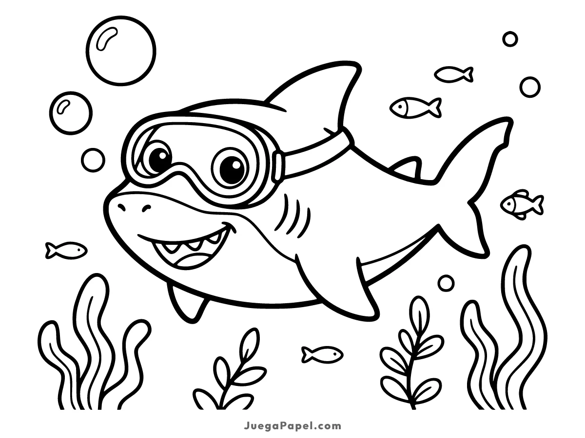 Dibujo para colorear e imprimir de Tiburón Amigable con Gafas de Buceo Bajo el Mar