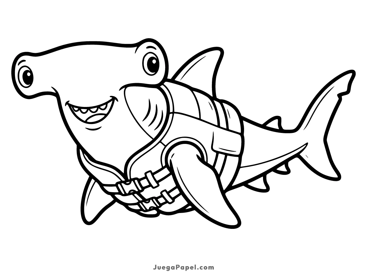 Dibujo para colorear e imprimir de Tiburón Martillo con Chaleco Salvavidas