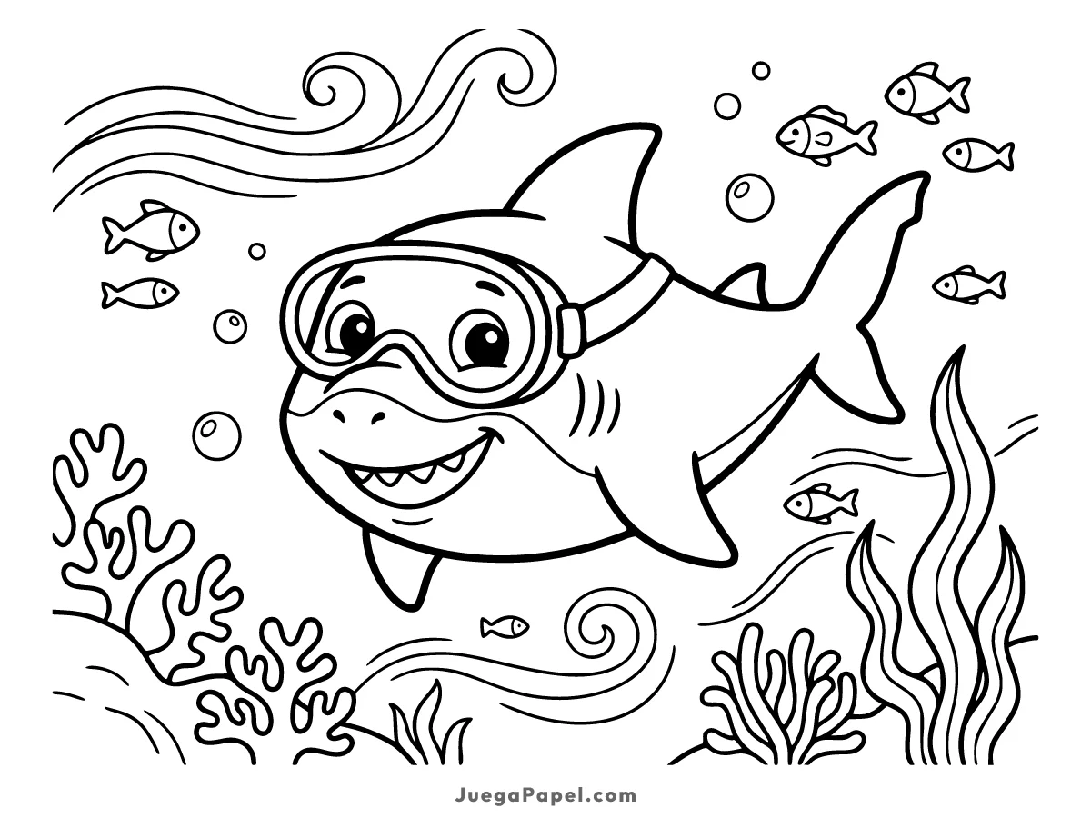 Dibujo para colorear e imprimir de Tiburón Sonriente con Gafas de Buceo bajo el Mar
