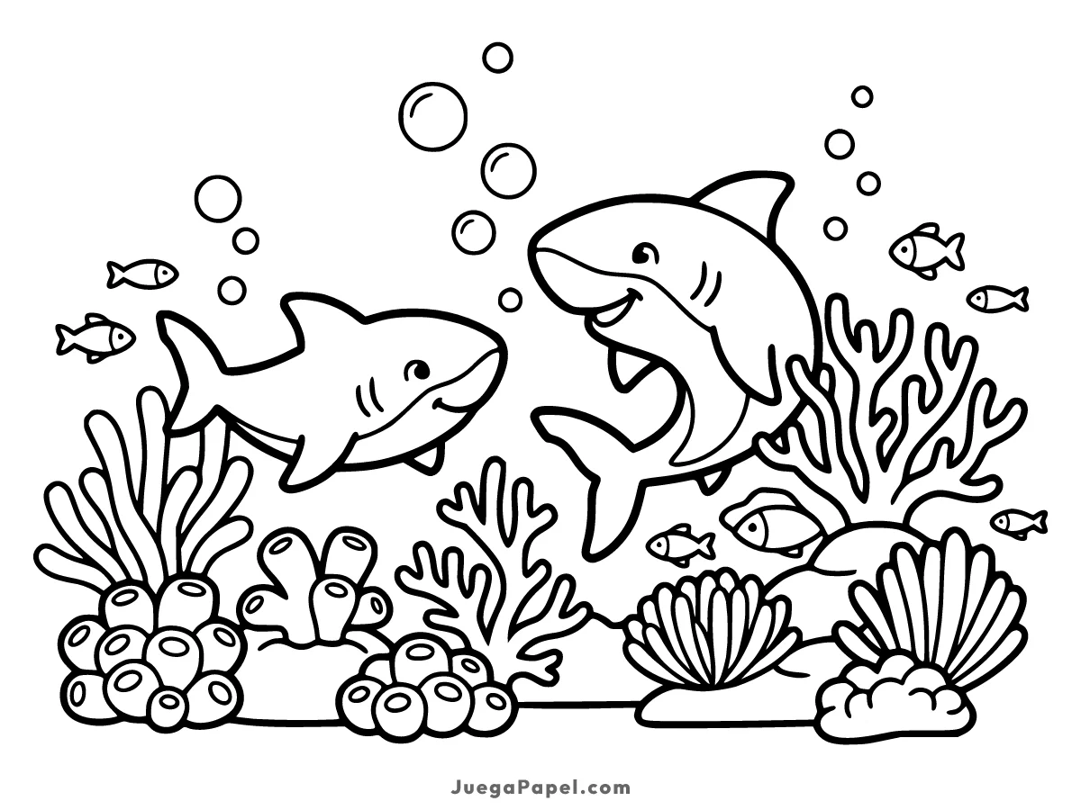 Dibujo para colorear e imprimir de Tiburones Jugando en el Arrecife de Coral