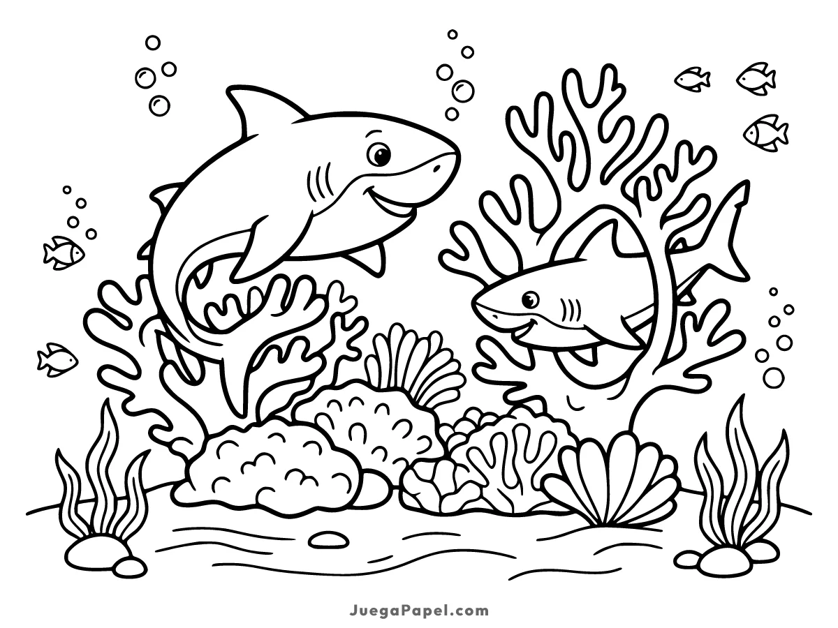 Dibujo para colorear e imprimir de Tiburones Jugando en el Arrecife de Coral