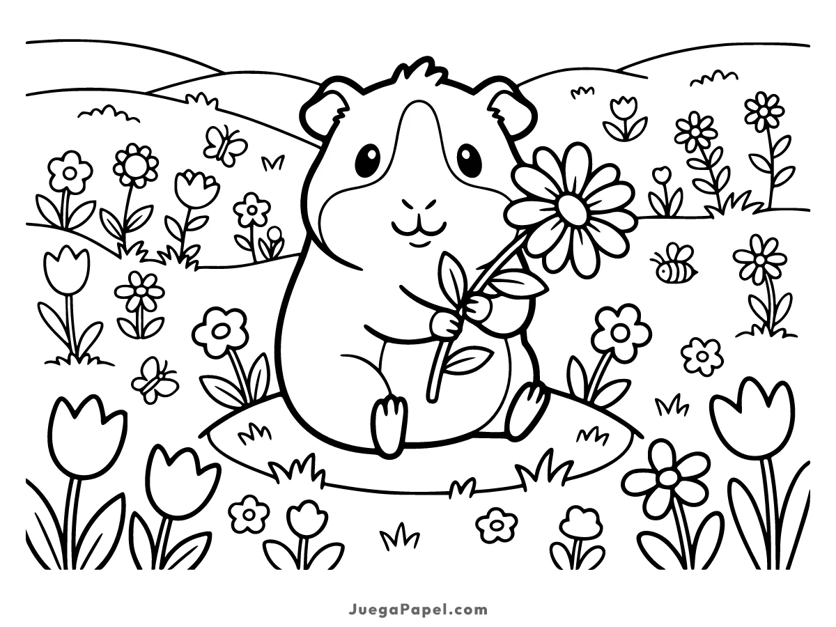 Dibujo para colorear e imprimir de Tierna Cobaya con Flor en el Prado
