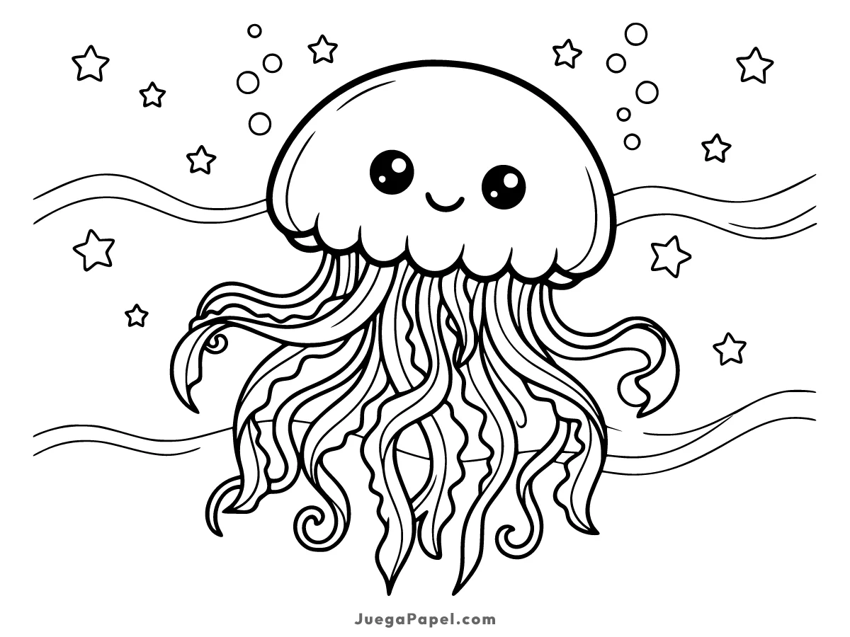 Dibujo para colorear e imprimir de Tierna Medusa en el Fondo del Mar