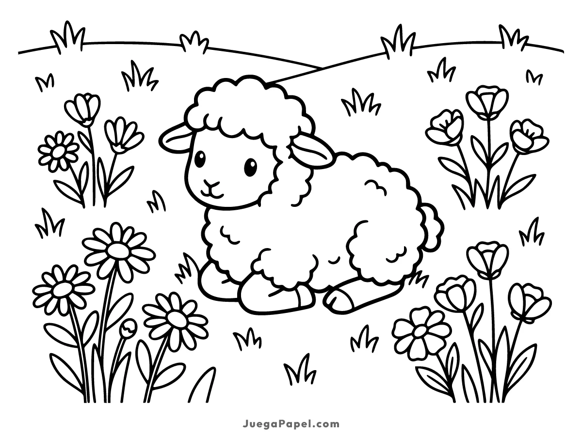 Dibujo para colorear e imprimir de Tierna Oveja Descansando en el Prado con Flores
