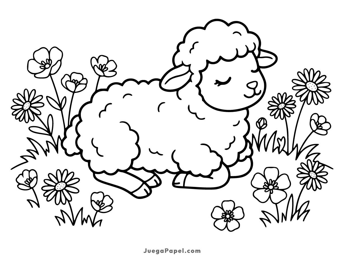 Dibujo para colorear e imprimir de Tierna Oveja Durmiendo en el Prado con Flores