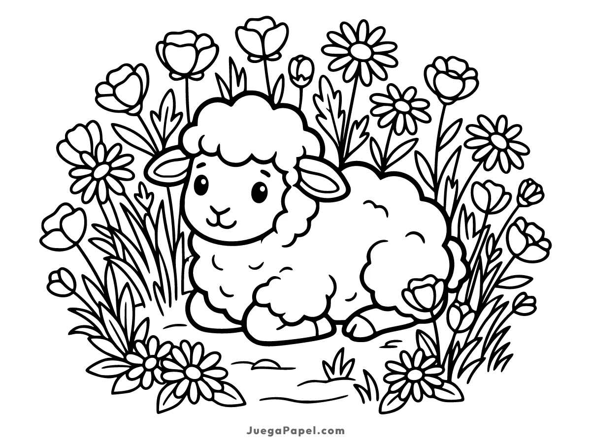 Dibujo para colorear e imprimir de Tierna Ovejita Descansando en el Prado de Flores