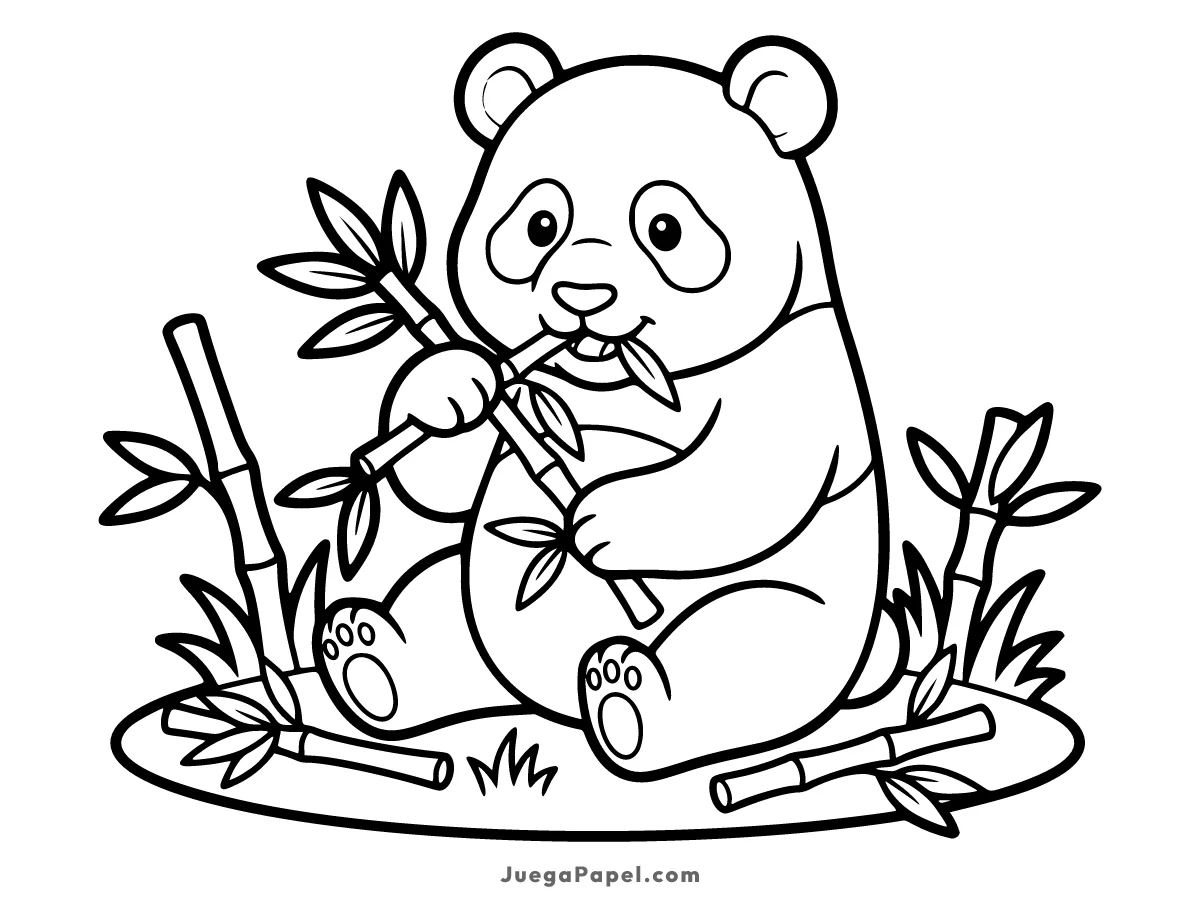 Dibujo para colorear e imprimir de Tierno Oso Panda Comiendo Bambú