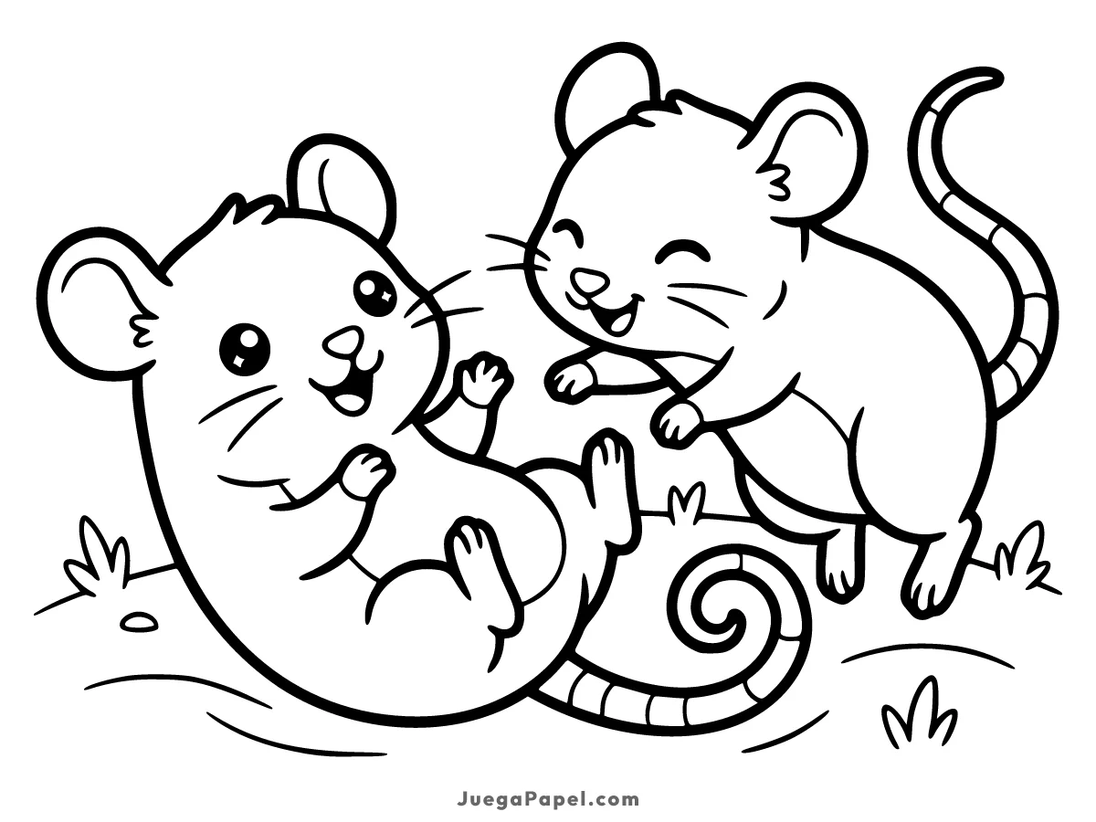 Dibujo para colorear e imprimir de Tiernos Ratas Jugando en el Césped