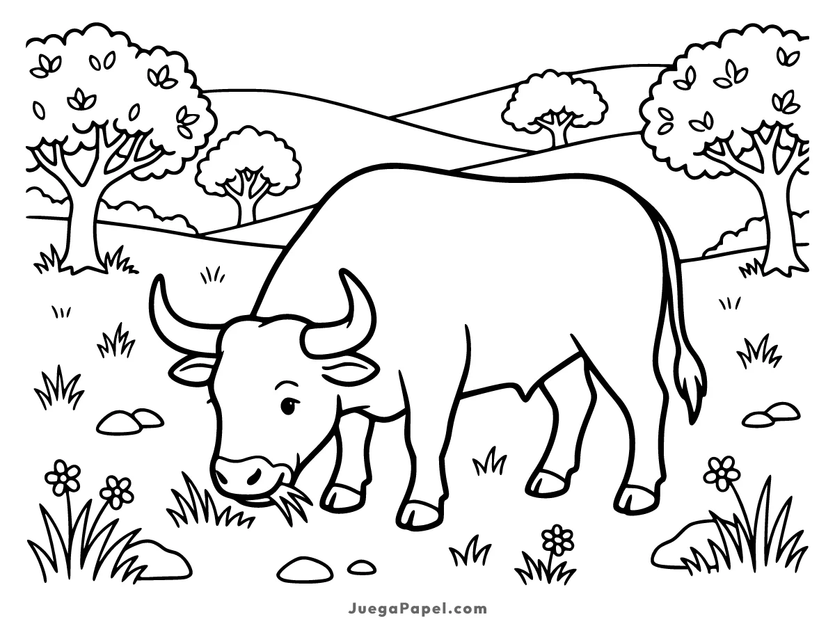 Dibujo para colorear e imprimir de Toro Comiendo Hierba