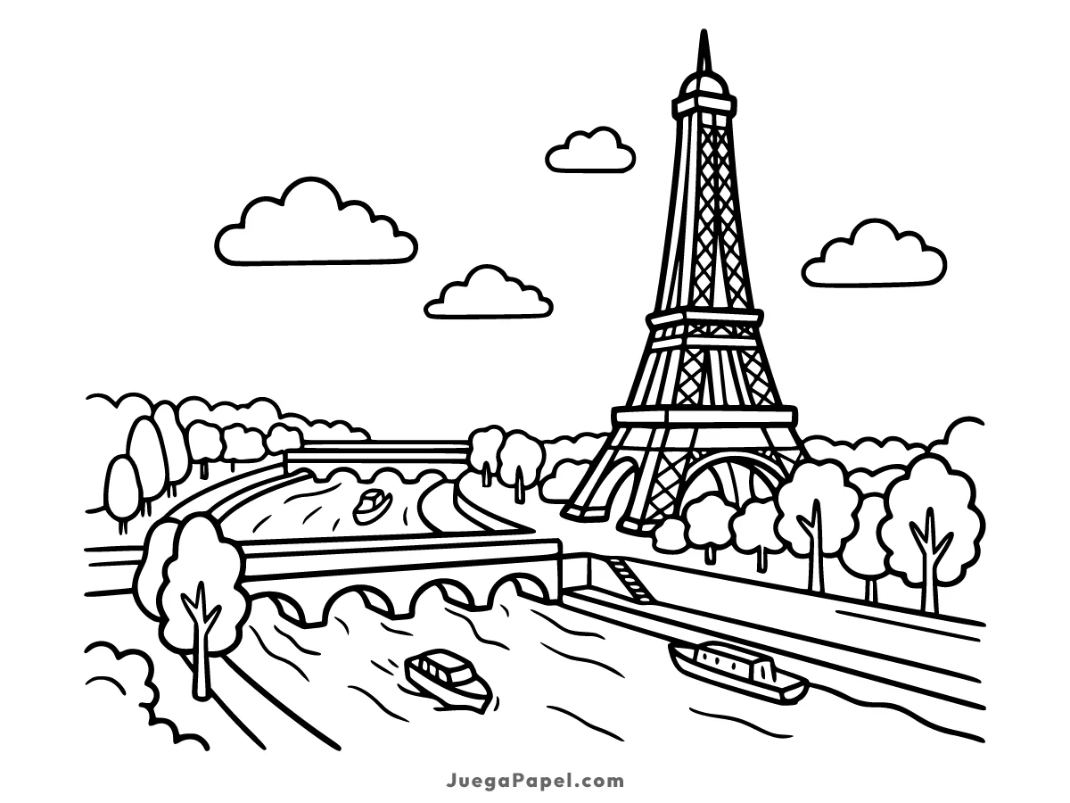 Dibujo para colorear e imprimir de Torre Eiffel y el Río Sena en París