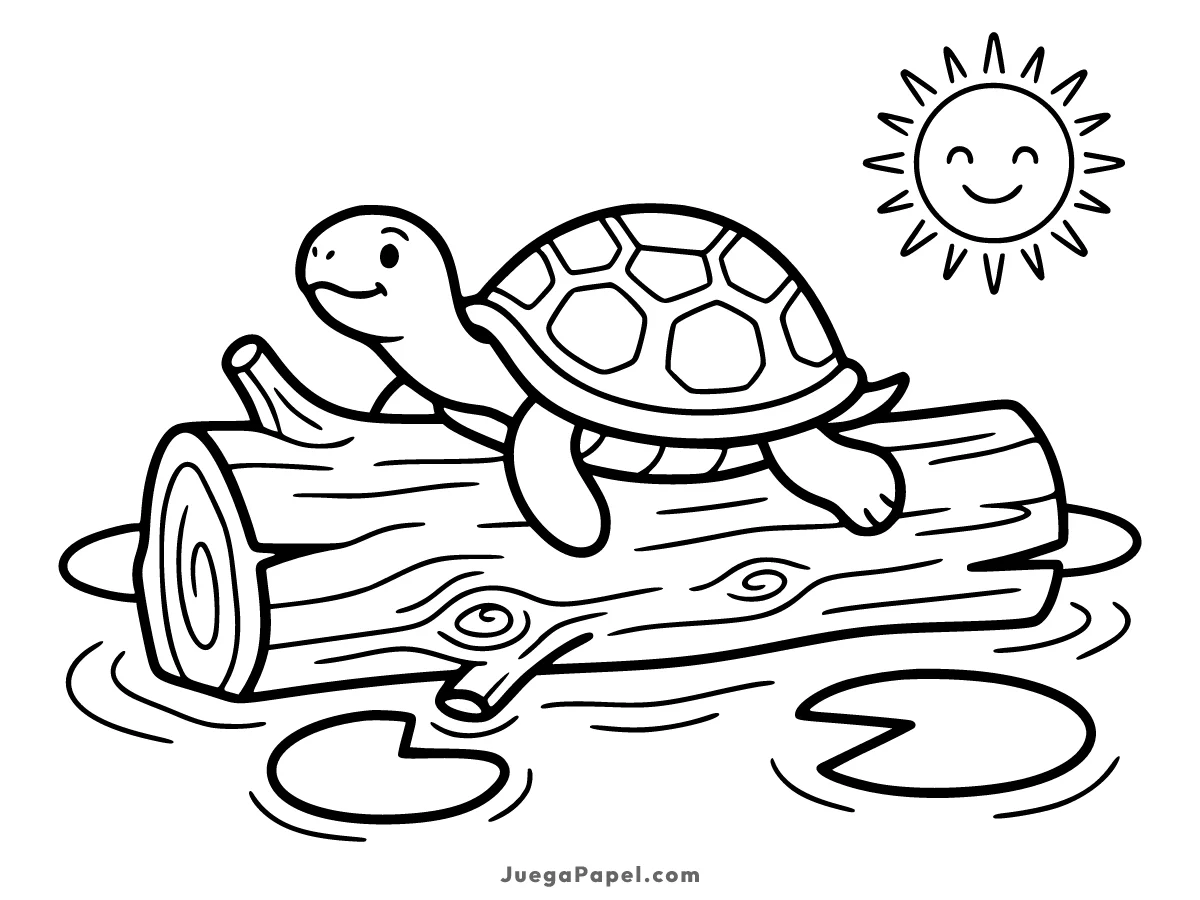 Dibujo para colorear e imprimir de Tortuga en un Tronco al Sol