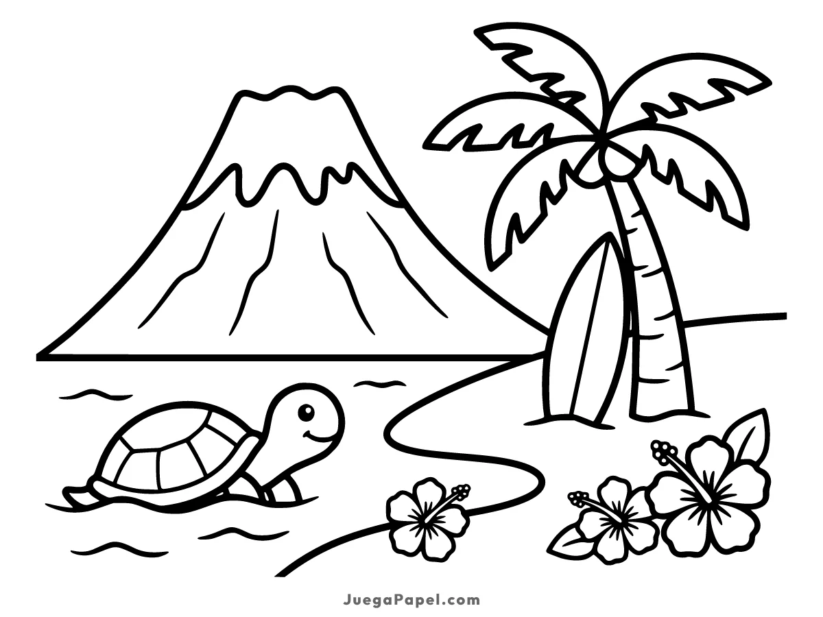 Dibujo para colorear e imprimir de Tortuga Feliz en la Playa Tropical