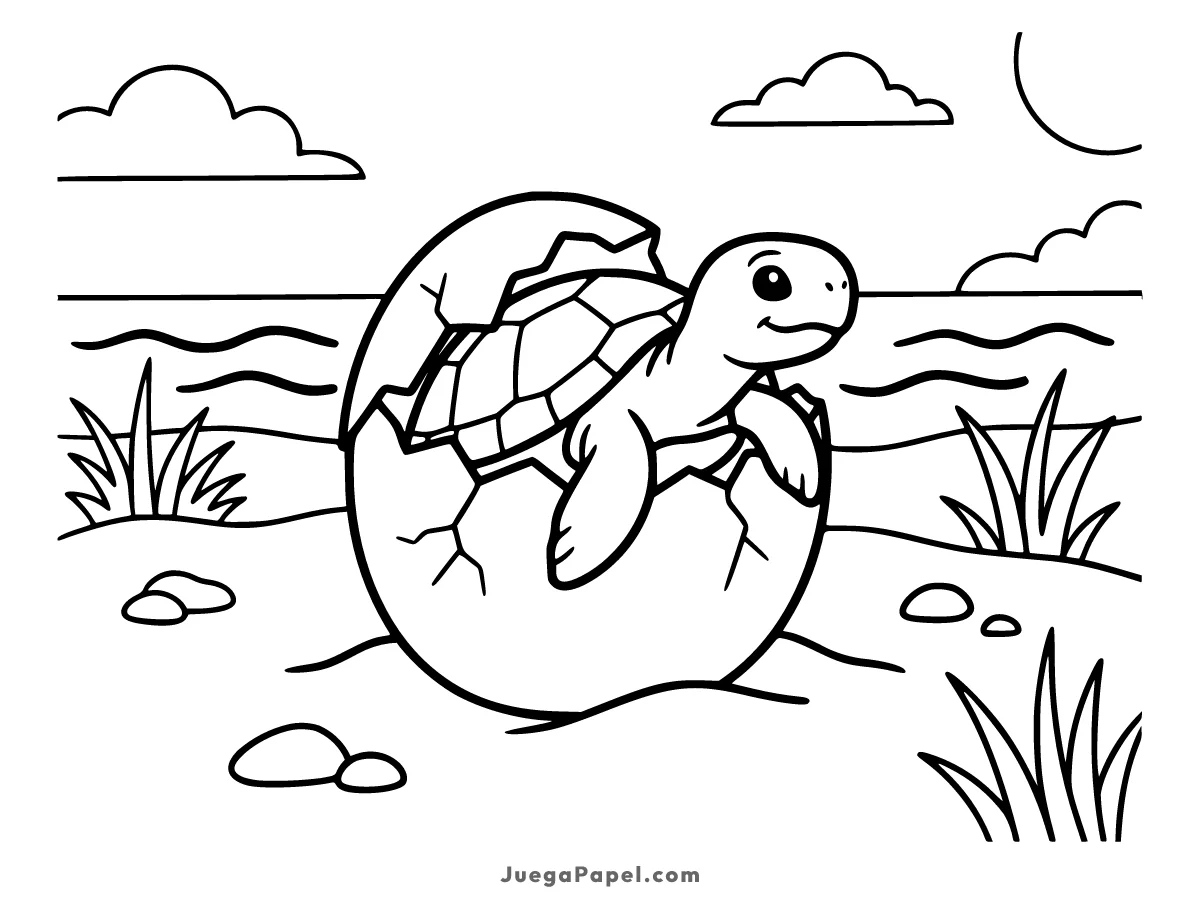 Dibujo para colorear e imprimir de Tortuga Galápago Naciendo del Huevo