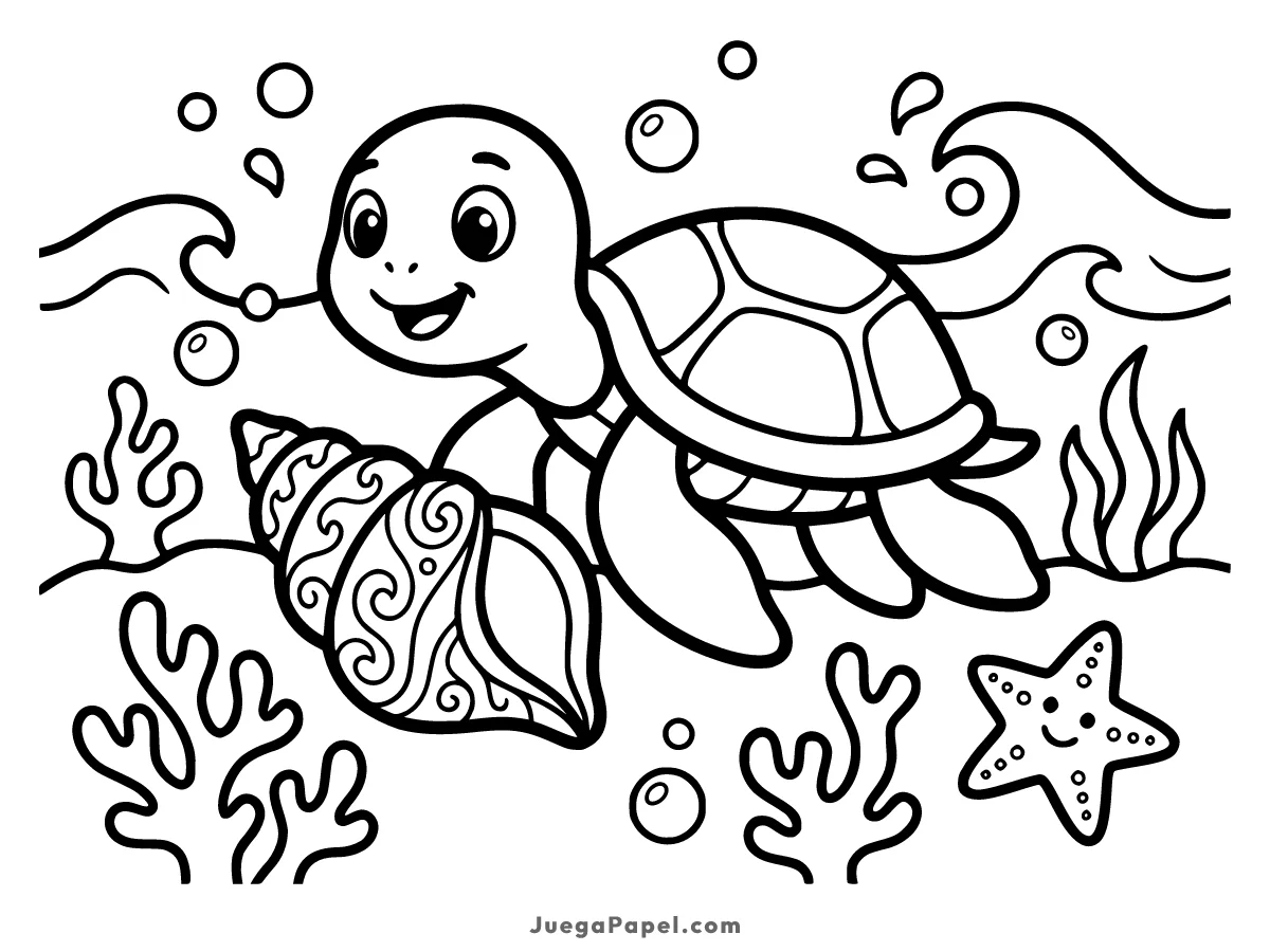 Dibujo para colorear e imprimir de Tortuga Marina Feliz Explorando el Océano